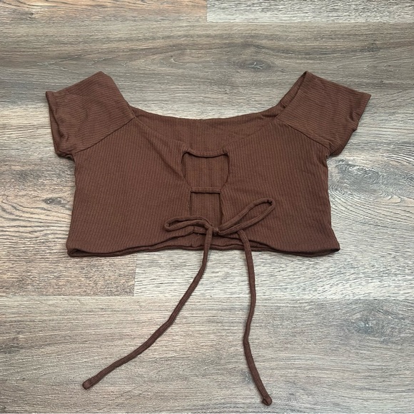 Cotton On Brown Ribbed off-the-shoulder Crop Top Size Medium Stretch - Picture 3 of 6
